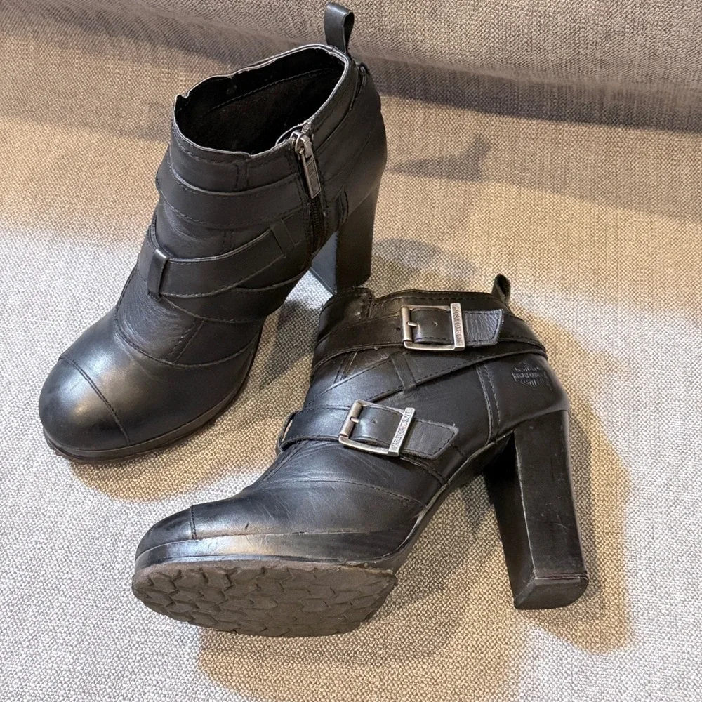 Harley Davidson Black Leather Buckle‎ Ankle Boots Block Heel D84447 Womens 8.5 - Picture 2 of 7